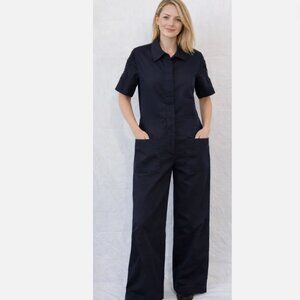 Tricot Chic Navy Utility Jumpsuit Button Up Lace Sleeves Made in ITALY Cotton